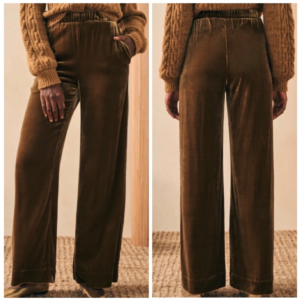 Faherty Genevieve Pants Womens M Breen Gold Silk Velvet Wide Leg Luxe Lounge